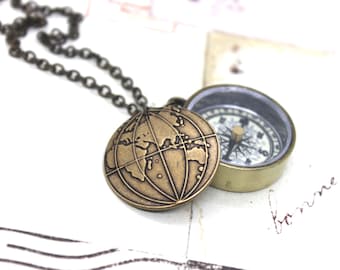 compass necklace. brass ox jewelry with working compass and hemisphere charm