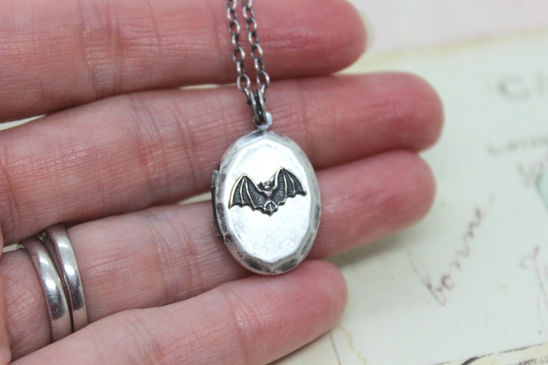bat. heart locket necklace. silver ox jewelry now with a silver tone bat or silver ox bat image 9