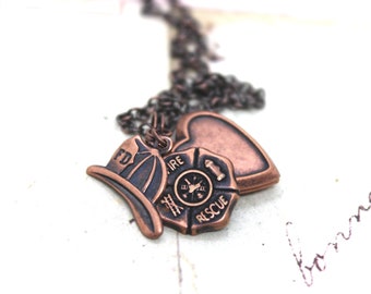 firefighter. heart locket necklace. copper ox