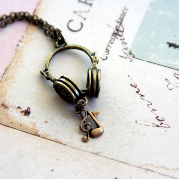 headphones. music notes. necklace in antiqued brass