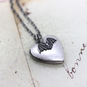 bat. heart locket necklace. silver ox jewelry now with a silver tone bat or silver ox bat image 2