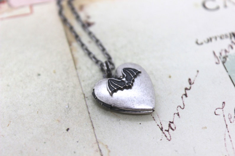 bat. heart locket necklace. silver ox jewelry now with a silver tone bat or silver ox bat image 2