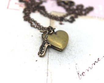 saxophone heart locket necklace. brass ox