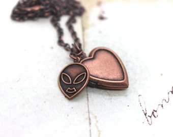 alien. heart locket necklace. copper ox