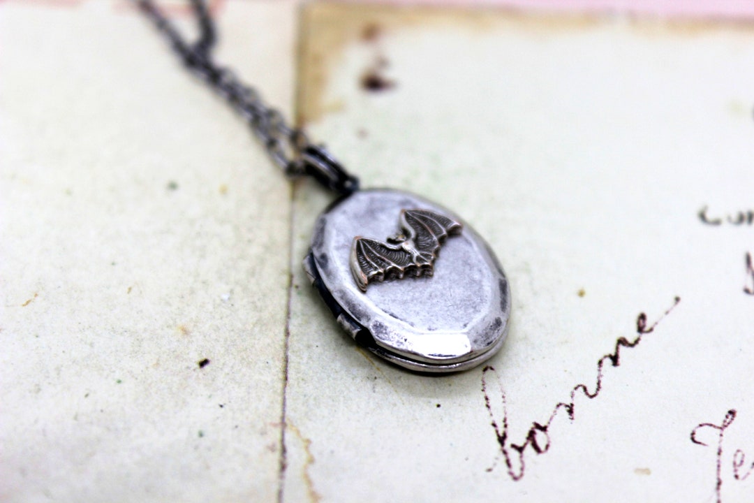 Bat. Oval Locket Necklace. Silver Ox Jewelry With Silver Tone Bat ...