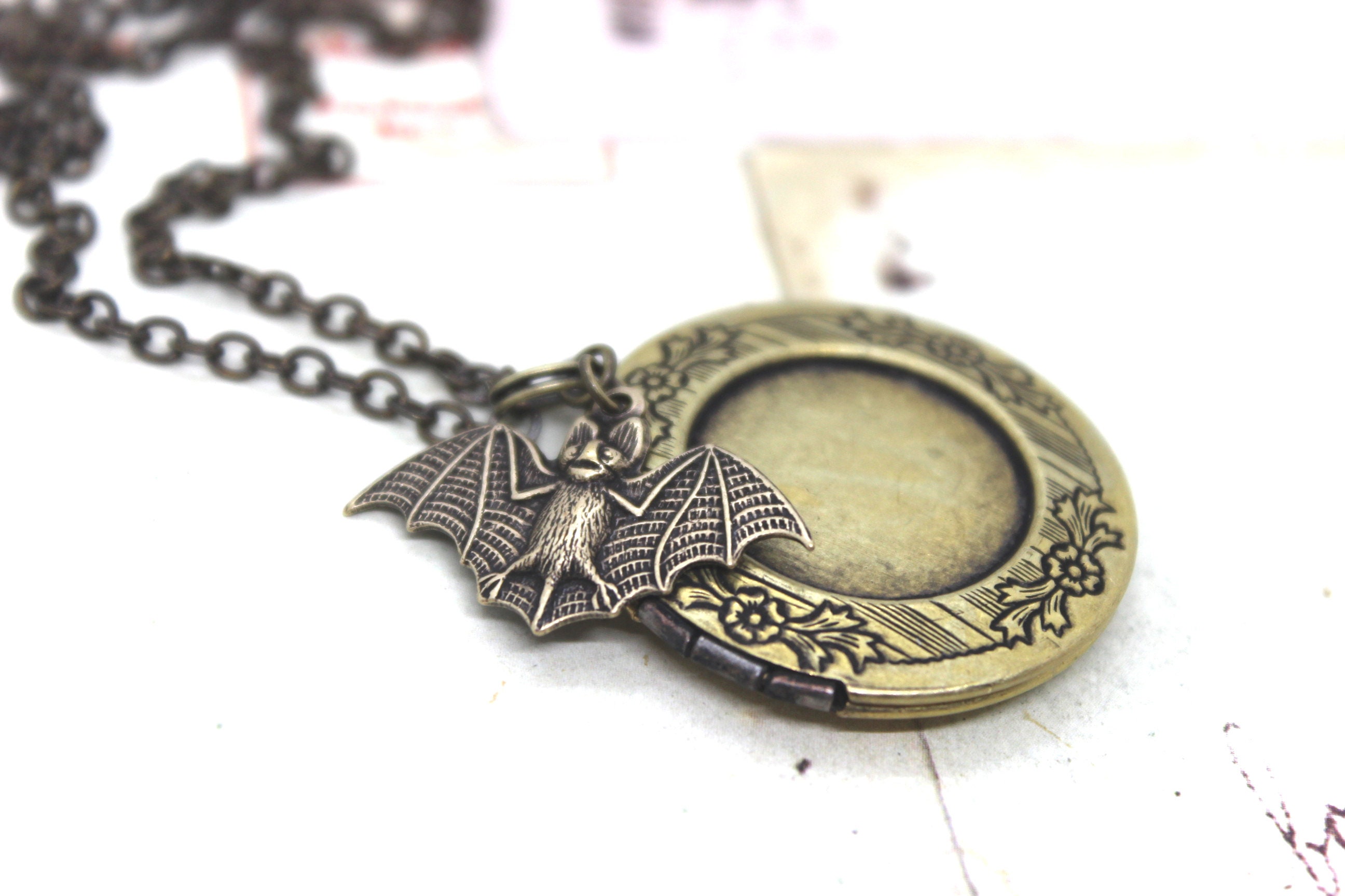 Bat. Locket Necklace. Brass Ox Jewelry Floral Round Locket - Etsy