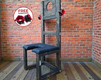 Wooden Queening Chair with Padded Seat,  Freestanding Bondage Chair