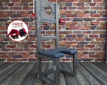 Wooden Restraint Chair with Padded Seat and Stocks, Bondage Chair Frame, Dungeon Furniture
