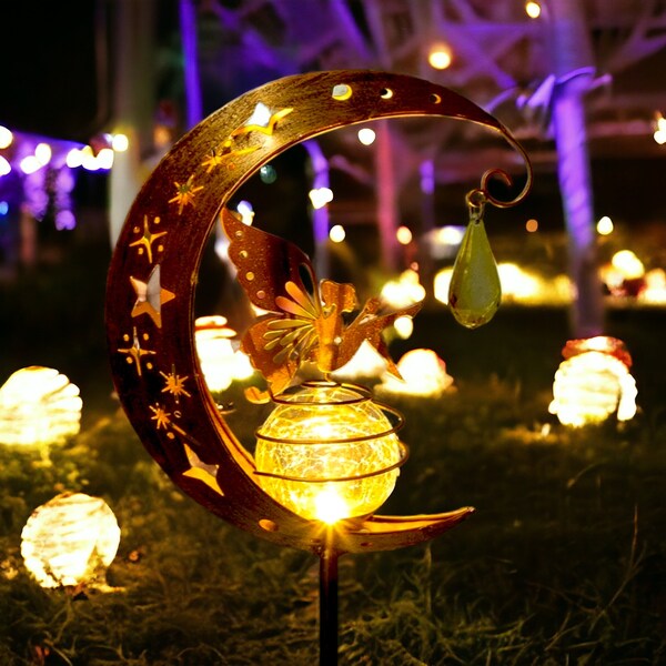 Magical Fairy Light Solar Powered Metal Garden Ornament | Enchanted Fairy Glass Orb Garden Light | Golden Metal Garden Ornament | Gardening
