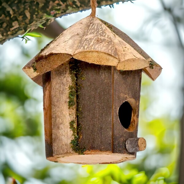Handmade Wooden Bird Nest Box | Cute Bird Box For Hanging On A Tree Or Fence | Unique Small Wooden Bird Nest House | Robin Sparrow Great Tit