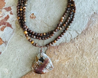 SALE-Multistrand jasper necklace with a heart pendant