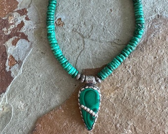 SALE-Genuine malachite arrow pendant on a malachite disk necklace