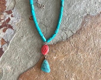 SALE- Southwestern style turquoise and spiny oyster sterling silver pendant on a turquoise necklace