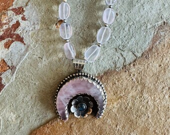 Rose quartz moon and flower pendant on a rose quartz necklace with Navajo pearl accents