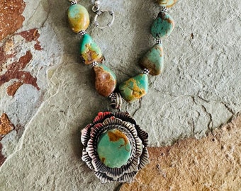 SALE-Flower motif Tibetan flower pendant with turquoise inlay on a turquoise necklace