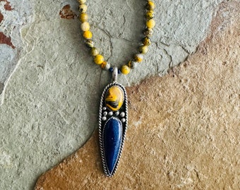 Native American handcrafted lapis and bumble jasper sterling silver pendant on a bumble bee jasper necklace
