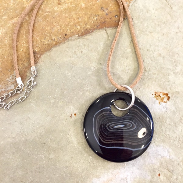 Black agate pendant necklace on a suede cord