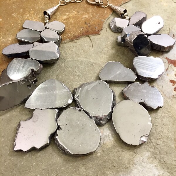 Big bold chunky silver plated agate slab bead necklace