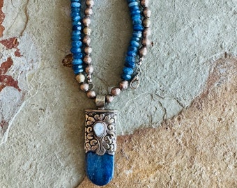 Unique kyanite and Tibetan silver necklace with a moonstone accent