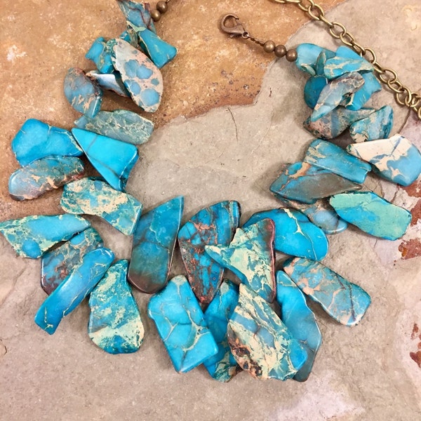 Big bold chunky blue and beige sediment jasper necklace