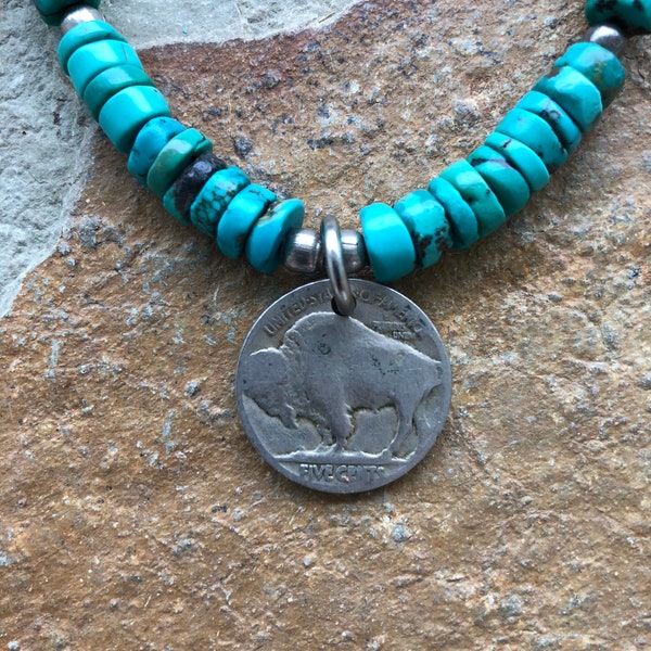 SALE (was 75) Southwestern Style Buffalo Nickel Pendant on Genuine Turquoise Beaded Necklace