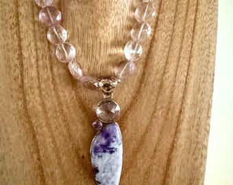 Jasper and amethyst pendant on an amethyst necklace