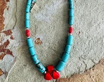 SALE-Southwest style turquoise and coral necklace