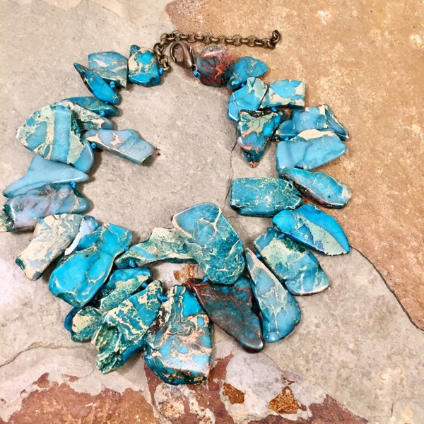 Big bold chunky turquoise sea sediment jasper slab bead necklace