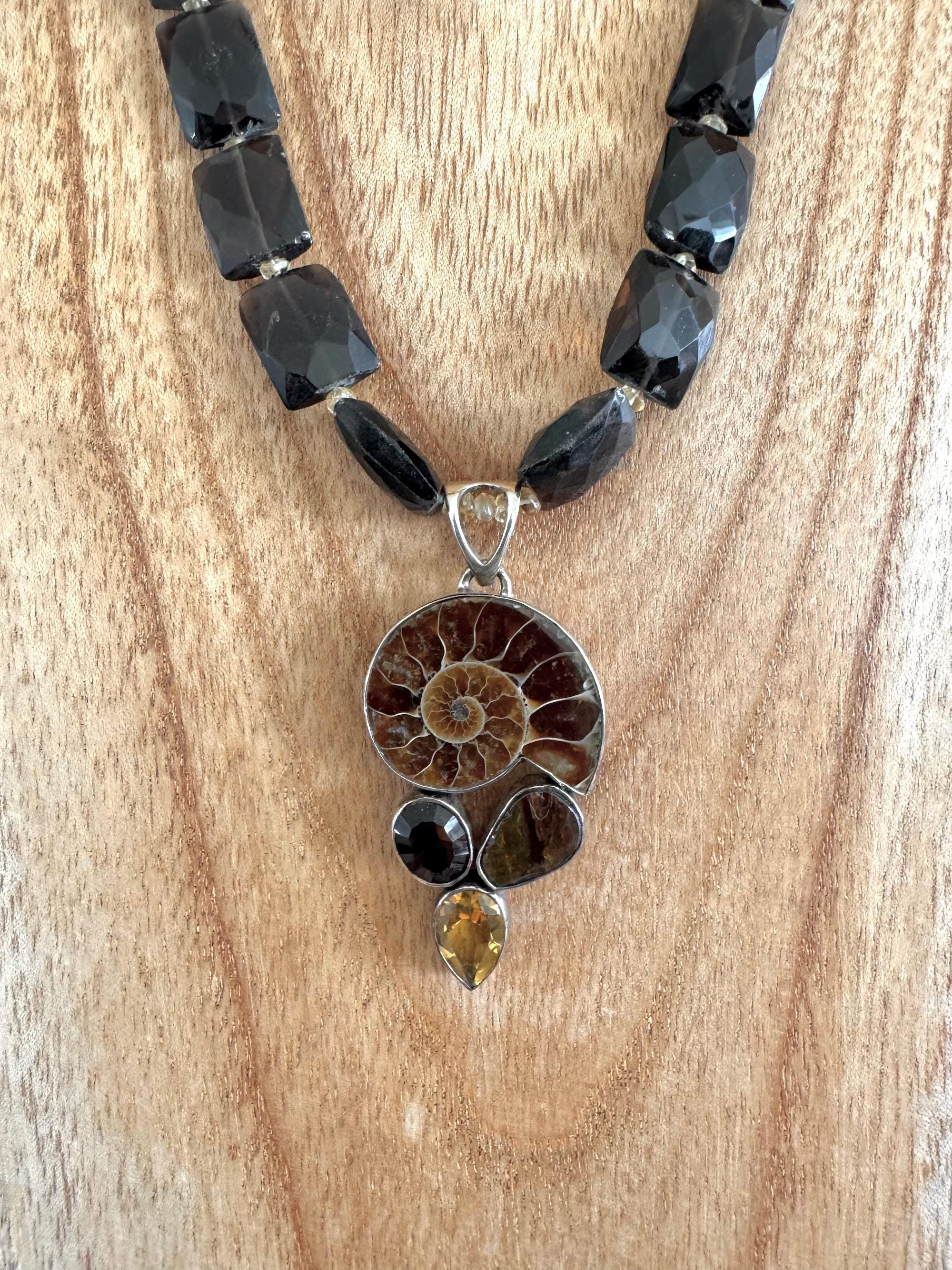 SALE- Special ammonite , smoky quartz, and citrine pendant on a smoky quartz necklace