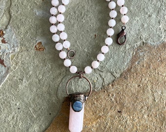 SALE- rose quartz shard pendant with copper and kyanite accents on a rose quartz necklace