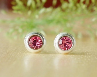 Rose Pink CZ Earrings, Crystal Rhinestones on Silver Stud, 925 Sterling Silver Earring, Cartilage Lip Nose Piercing Jewelry, Gift under 10