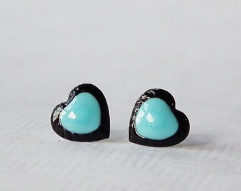 Valentines Day Light Blue cute Two Tone Tiny Heart Stud Earrings, 925 Sterling Silver Earrings, Gift under 10 - 7 mm