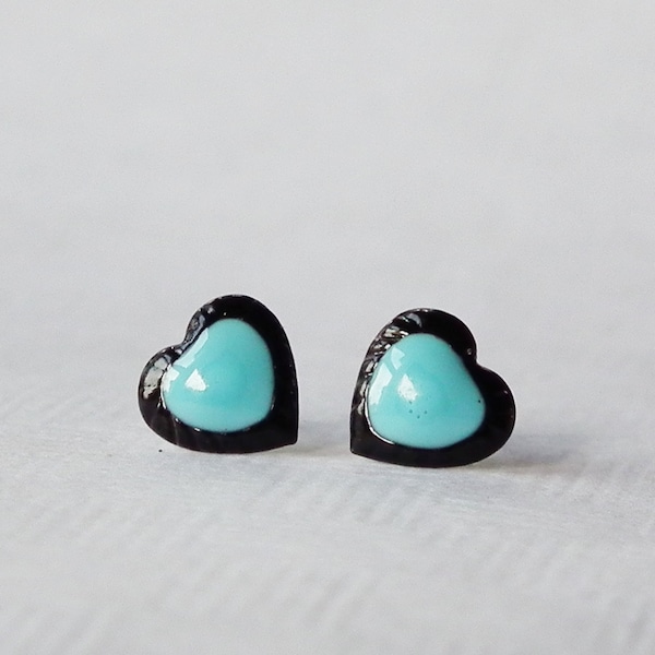 Valentines Day Light Blue cute Two Tone Tiny Heart Stud Earrings, 925 Sterling Silver Earrings, Gift under 10 - 7 mm