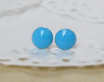 7mm Ohrstecker, blau Polka Dot, 925 Sterling Silber Beiträge, halb Ball Mod Vintage-Stil, Knorpel Piercing-Schmuck, Geschenk unter 10