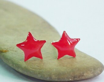 Red Little Star Silver Stud Earrings 92.5% Sterling Silver, Cartilage Piecing Silver Post Charm Jewelry Bridesmaid Gift under 10