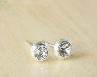 Crystal Earrings, Clear Diamond Rhinestones on Silver Stud Earring, Charm Jewelry - Gift under 10