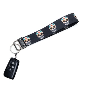 Sugar Skull (Black) Nylon Wristlet Lanyard Keychain for Gifts, Photos, Events, Parties, Businesses Durable Nylon Spooky Halloween Vibes