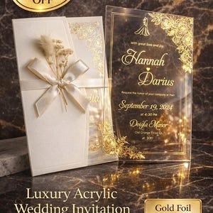 Faire-part de mariage en acrylique feuille d'or de luxe avec ruban crème et fleurs séchées