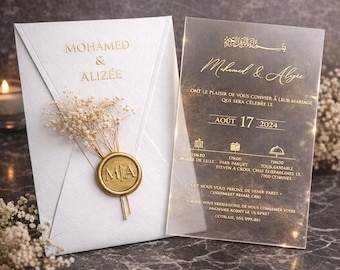 Gold Acrylic Wedding Invitation Elegant Wax Seal Floral Luxury Custom Card