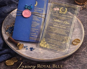Royal Blue Acrylic Wedding Invitation Gold Foil Modern Luxury Wedding Invite