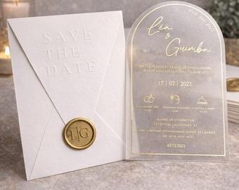 Gold Foil Acrylic Wedding Invitation Set: Embossed Save the Date card
