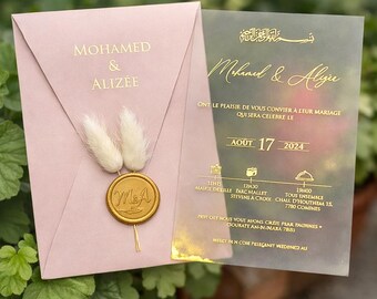 Blush Pink Acrylic Wedding Invitation Gold Foil Triangle Envelope Wax Seal Luxury