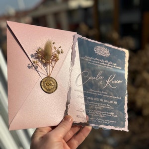 Luxurious Blush Pink Invitation Set: Pink Wedding Invitation Set with Floral Accents & Custom Wax Seals, Bithday Invitation, Quinceanera