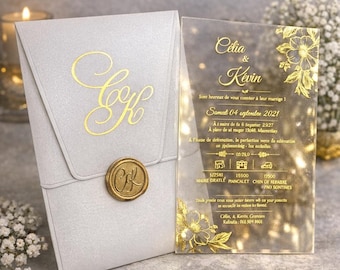 Invitación de boda acrílica dorada con sobre de lujo con sello de cera, elegante invitación personalizada