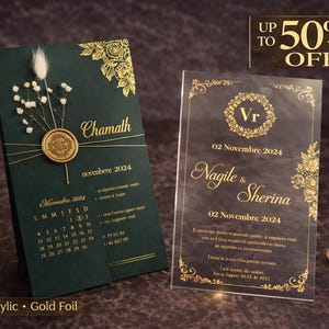 Glossy Acrylic Wedding Invitation Gold Foil Green Envelope Wax Seal Floral