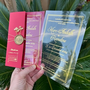 Elegantes invitaciones de boda en rojo y dorado / Tarjeta transparente y sello de cera personalizado / Diseño moderno de media cubierta / Invitaciones a eventos personalizadas