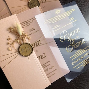 Spezielles Goldfolien-Hochzeits-Einladungs-Set mit Wachs-Siegel, Transparente Hochzeitseinladung mit klarer Karte, Geburtstagseinladung, Klareinladung