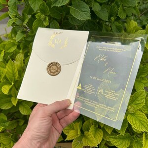 Acryl Hochzeitseinladung mit Golddruck und personalisiertem Siegellack, Acryl Hochzeitseinladung mit Siegellack, Geburtstagseinladung
