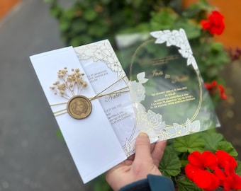 Floral Acrylic Wedding Invitation Set: Gold Print, Custom Wax Seal