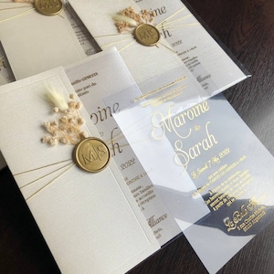 特別な金箔の結婚式招待状セット（ワックスシール付き）、透明な結婚式招待状（クリアカード付き）、誕生日招待状、透明な招待状